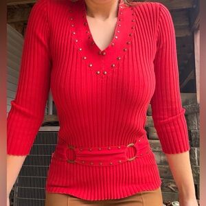 Y2K Vneck Studded Red Ribbed Top